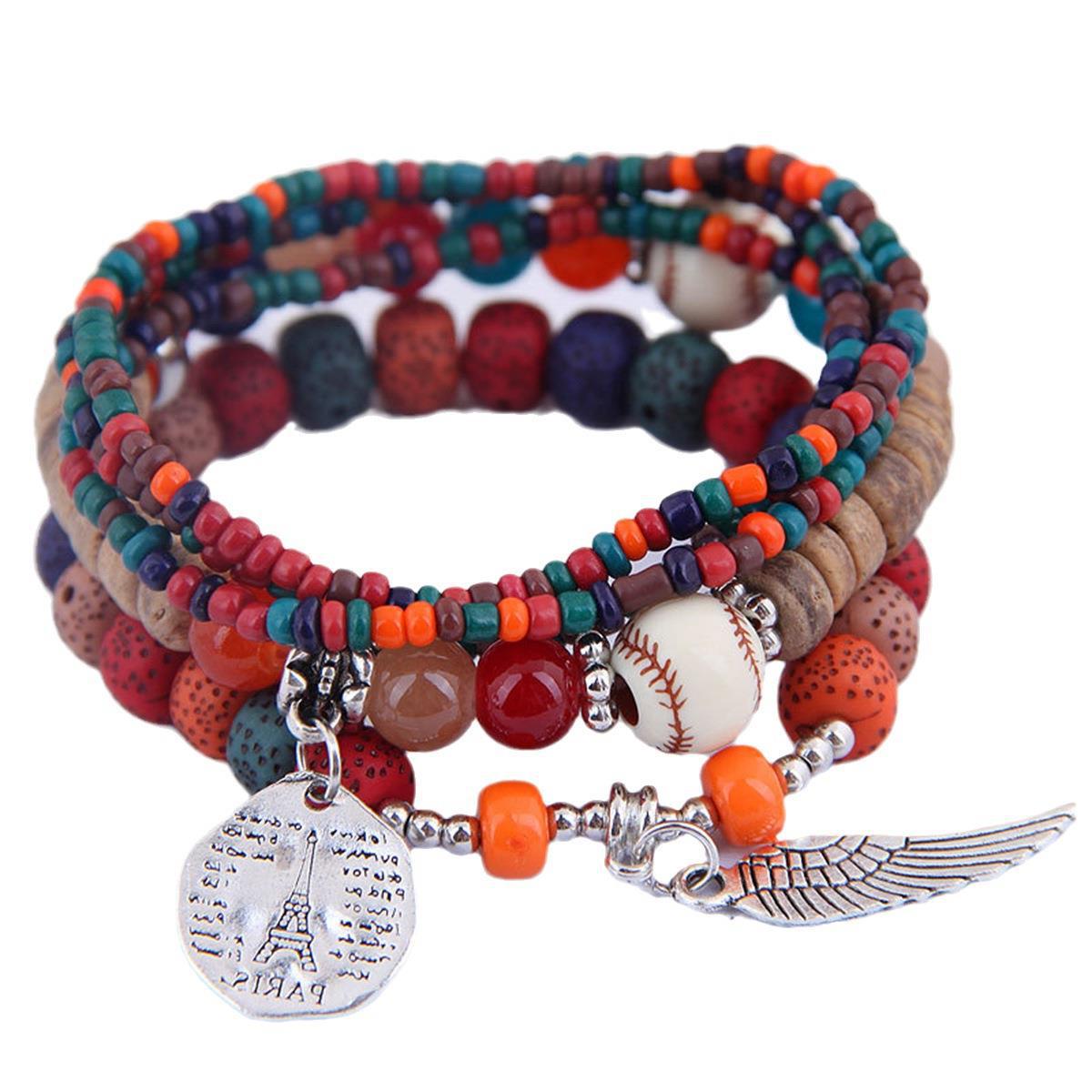 Wholesale Bohemian Ethnic Style Angel Wings Letter Alloy Pendant Beaded Bracelet Five-piece Set